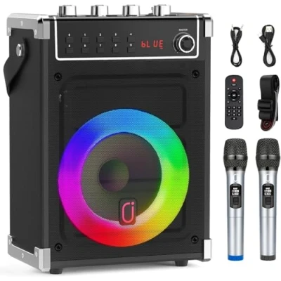 Afbeelding van JYX karaoke Compleet met 2 draadloze microfoons, draagbare luidspreker voor volwassenen en kinderen, professionele DJ licht party/feest, ondersteuning TWS/AUX/FM/USB/TF kaart