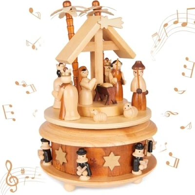 Afbeelding van BRUABKER Muziekdoos van hout Kribbe met Jezus, Maria en Jozef Melodie: Astro del Ciel Kerst 19 cm Muziekcarrousel ster Bethlehem Singers Natuurlijk Bruin