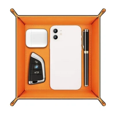 Afbeelding van Sithon Taschenleerer Tablet Organizer, opslagopslagkist, synthetische lederen afdeling Shell Key voor horloges Mobiele telefoon Juwelen Coins Wallet en kantoorapparatuur, (zwart/oranje)