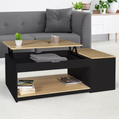 Afbeelding van Table basse plateau relevable ELEA avec coffre bois noir et façon hêtre