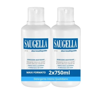 Image de Saugella Dermoliquide nettoyant intime quotidien, pH 3.5, anti odeur, rafraîchissant et tonifiant, avec sauge acide lactique, 2 détergents de 750 ml