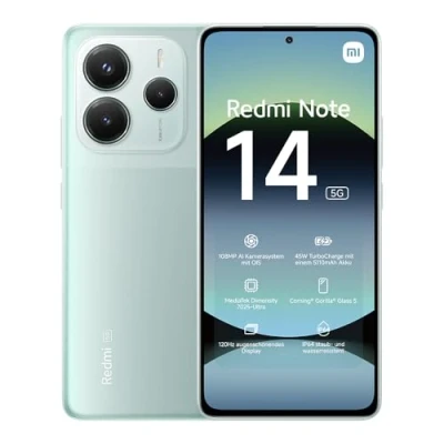 Afbeelding van Xiaomi Redmi Note 14 5G Smartphone, 8 + 256 GB, groen, 108 MP AI camerasysteem, 5.500 mAh batterij, 120 Hz display met oogbescherming, functies (geen oplader inbegrepen)