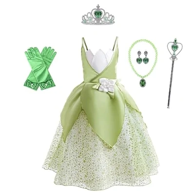 Afbeelding van Lito Angels Verkleedkostuum, prinsessenjurk Tiana, met accessoires voor kinderen, meisjes, maat 8 10 jaar, groen (stoffen label 130)