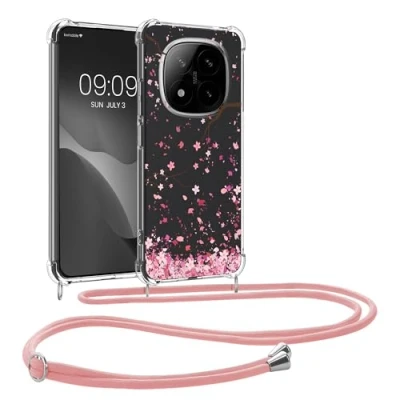 Afbeelding van kwmobile telefoonhoesje geschikt voor Xiaomi Redmi Note 14 Pro 4G Hoesje met telefoonkoord Back cover smartphone Case in poederroze / donkerbruin transparant