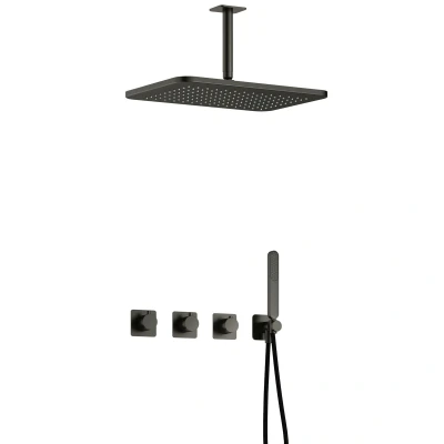 Afbeelding van Hotbath Gal Regendoucheset IBSGL70 Geborsteld Gunmetal PVD Staaf Handdouche 40cm Hoofddouche 15cm Plafondbuis met wandhouder