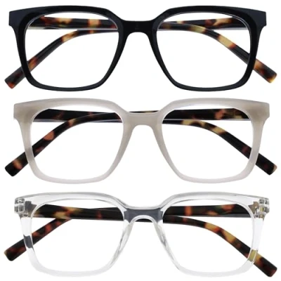Afbeelding van OPULIZE KOI Lunettes de Lecture 3 Pack Grand Cadre Rectangulaire Noir Gris Clair Homme Femme Charnières à Ressort RRR50 17C +1.00