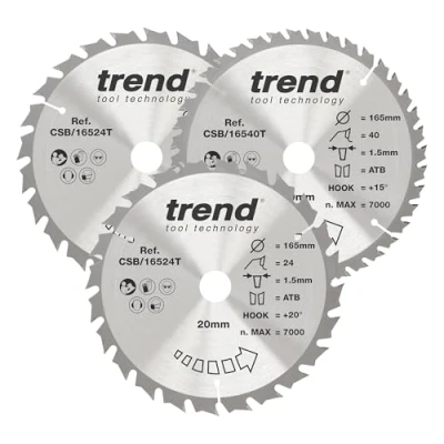 Afbeelding van Trend Draadloos cirkelzaagblad voor hout, 165 mm diameter, 20 boring, 24 &amp; 40 tanden, TCT, 1,5 zaaglijn, 15 haak, CSB/165/3PK/C