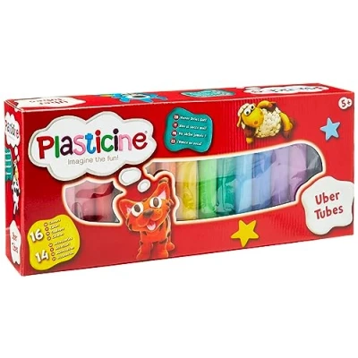 Afbeelding van Plasticine Uber Tubes boetseerklei, 16 heldere kleuren, met cutters, gereedschap en speelmat, droogt niet uit, gemaakt van giftige materialen, geschikt voor kinderen vanaf 5 jaar