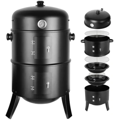 Afbeelding van Rookgrill, 3 in 1 rookkoker, houten kolengrill, grillplaat Ø 44,5 x 80 cm, incl. regelbare luchtafvoer en thermometer, waterschaal, 2 grillpannen (φ 37,5 cm), voor rookkers, grillen garen
