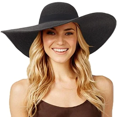 Afbeelding van DRESHOW Capeline Strohoed voor dames, hoed met brede rand, zonnehoed, ademend, anti uv strohoed, strandzonnehoed, UPF 50+, 1 stuk brim floppy hoed: zwart