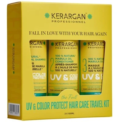 Image de Kerargan Kit de Voyage Protecteur UV &amp; Couleur à l&#039;Huile Marula pour Cheveux Secs et Colorés Shampoing, Après Masque Sans Sulfate, GMO, Huile Minérale 3x100ml