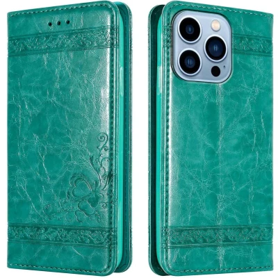 Afbeelding van Cadorabo Hoesje geschikt voor Apple iPhone 13 PRO MAX in TURKOOIS met ornamenten Beschermhoes magnetische sluiting, standfunctie en kaartvakje Case Cover Etui