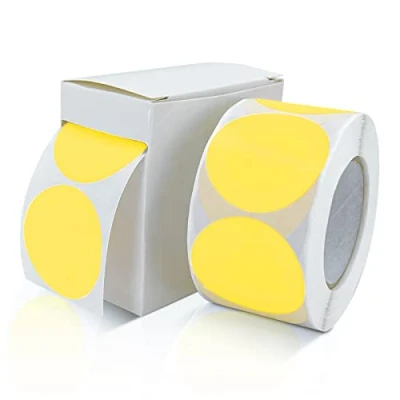 Afbeelding van 500 stuks ronde stickers, geel, 38 mm, kleine plakpunten, kleurcode, afneembaar, weerbestendig, met dispenserdoos
