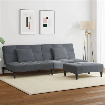 Image de vidaXL Canapé lit à 2 places avec repose pied gris foncé velours3258111