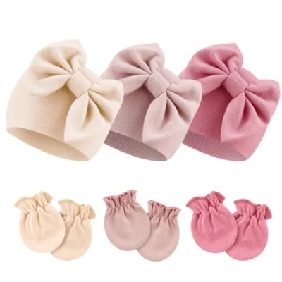 Afbeelding van DRESHOW Babymutsen en wanten, beschermende pasgeborenen, peuters, zacht, schattig, gebreid, voor baby&#039;s, jongens, kinderen, muts, 0 6 maanden, 3 sets: strik hoeden &amp; wanten set 28UK