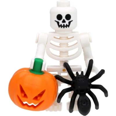 Afbeelding van LEGO Mini skeletfiguur met Halloween pompoen en spin