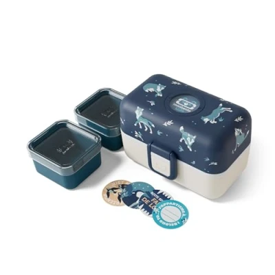 Afbeelding van monbento Lunchbox voor kinderen Tresor Blue Wolf met 3 vakken Ideaal maaltijden en snacks school/picknick magnetronbestendig BPA vrij Personaliseerbaar