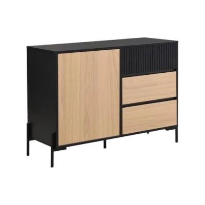 Afbeelding van Vente unique Buffet met 1 deur en 3 laden Zwart natuurlijk licht GLARODI L 104 cm x H 75 D 40