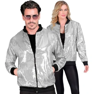 Afbeelding van Widmann Jaren 80 &amp; 90 Kostuum Bomberjack Pailletten Jas Zilver Glow XXL Carnavalskleding Verkleedkleding