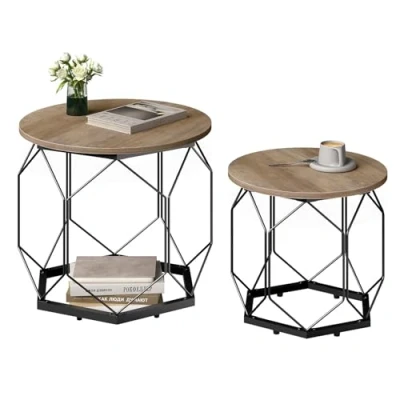 Afbeelding van WOLTU BTS05grdc Lot de 2 tables basses avec plateau rond et cadre En métal creux Table salon espace rangement bois Aspect gris