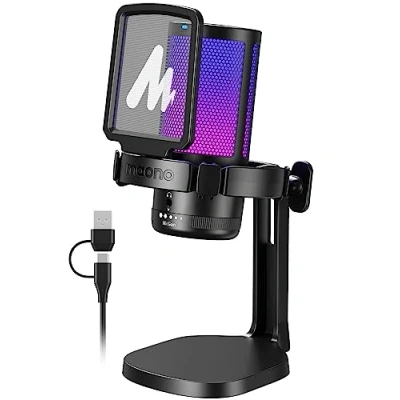 Afbeelding van MAONO USB microfoon voor pc, RGB gaming met mute knop, ruisonderdrukkende condensatormicrofoon versterkingsknop streaming, podcast, opname, chat, compatibel