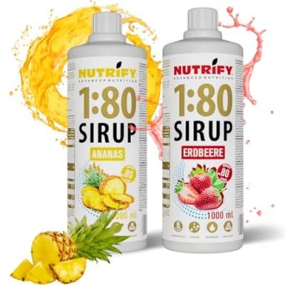 Afbeelding van NUTRIFY Vital Fitness Drink 2 flessen siroop 1:80, x 1 liter, ananas en aardbei, drankconcentraat met vitaminen L carnitine zonder suiker, 160 liter sportdrank, weinig