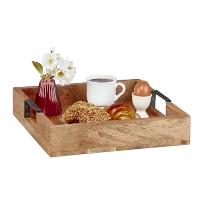 Afbeelding van Relaxdays houten dienblad groot serveerblad met rand rechthoekig koffie thee