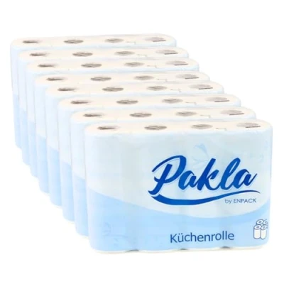 Afbeelding van Enpack Pakla 32 rollen keukenhanddoeken, 25,6 x 22,4 cm, 3 laags, absorberend, 50 keukenhanddoeken per rol, keukenpapier voor thuis, werkplaatshanddoeken