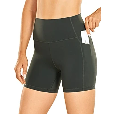 Afbeelding van CRZ yoga Dames wielersportshorts Naked Feeling 10/13/15 cm shorts sport hoge taille met zakken, olijfgroen, 5 inch