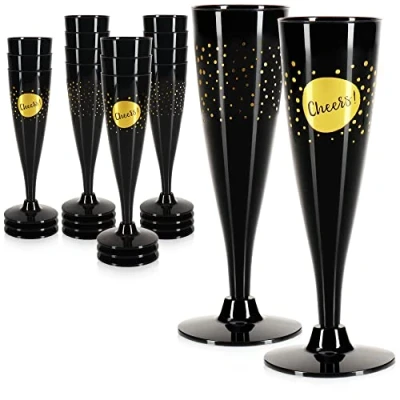 Afbeelding van COM FOUR® 16x herbruikbare champagneglazen zwarte, stapelbare plastic voor feesten, kamperen en onderweg vaatwasmachinebestendig