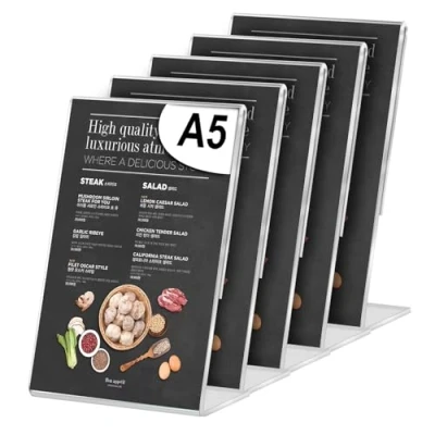 Afbeelding van HOSPAOP Tafelstandaard van acryl, A5, transparant, met dubbelzijdig plakband, voor posters, flyers, menu&#039;s, prijskaartjes, bruiloften, 5 stuks