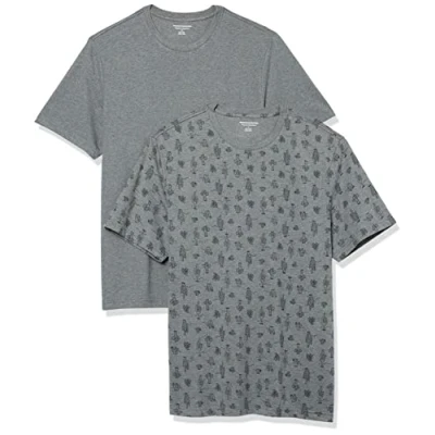 Image de Amazon Essentials Lot de 2 t shirts à manches courtes et col rond pour homme, coupe classique, cactus/gris chiné, taille S
