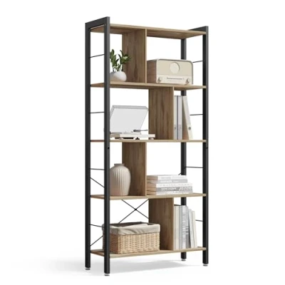 Afbeelding van VASAGLE Plank, boekenkast, 5 niveaus, bureauplank met standaard, open groot, metalen structuur, industriële stijl, camel bruin en inktzwart LBC012B50