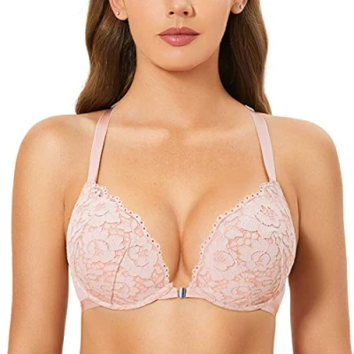 Afbeelding van DOBREVA Damesbeha, push up, racerback, sluiting aan de voorkant, kant, bekleding met beugel, Naakt roze