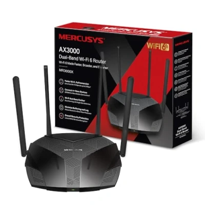 Afbeelding van Mercusys wifi router 6 3000 Mbps, dual band router, 4 RJ45 Gigabit poorten, 5 dBi antennes, MU MIMO, WPA3, intelligente verbinding, ouderlijk toezicht, BSS Color technologie, MR3000X