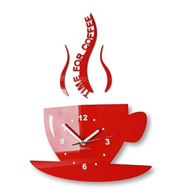 Afbeelding van FLEXISTYLE Mok Time for Coffee (tijd voor koffie) moderne keuken wandklok rood, 3D Romeins, decoratie