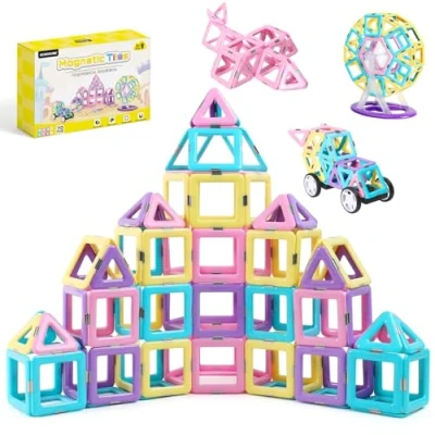 Afbeelding van ECHOCUBE magnetische bouwstenen, 70 stuks tegels met wielset, magnetisch speelgoed voor meisjes en jongens, cadeau verjaardag, Kerstmis