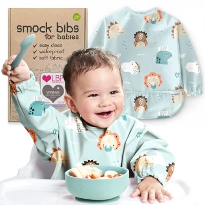 Afbeelding van Nombear ® Baby Slabbetjes met Mouwen vanaf 6 Maanden Waterdichte voor Led Weaning, Cover All Babyvoeding, Lange Mouw Peuters