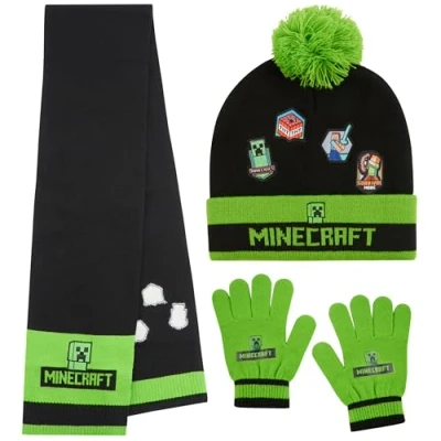Afbeelding van Minecraft Kindermuts, set muts sjaal en handschoenen voor jongens, winteraccessoires, cadeau idee gamer, Creeper zwart