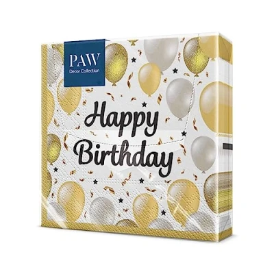 Afbeelding van PAW Verjaardagsservetten (33 x 33 cm) I 20 stuks feesten papieren servetten met ballonmotief witgoud tafeldecoratie ballonnen Happy Birthday