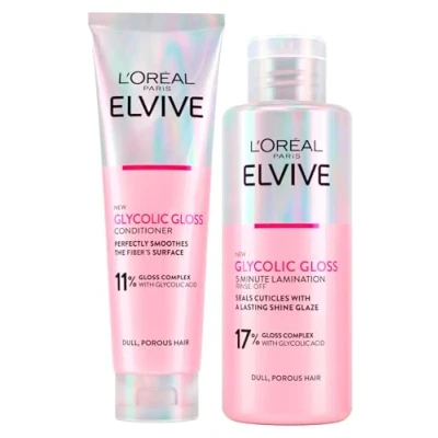 Afbeelding van L&#039;Oréal Paris Elvive Glycolic Gloss Glycolzuurbalsem 150 ml + 5 minuten lamineerbehandeling voor uitgestorven en poreus haar van 200 ml, 2 flessen