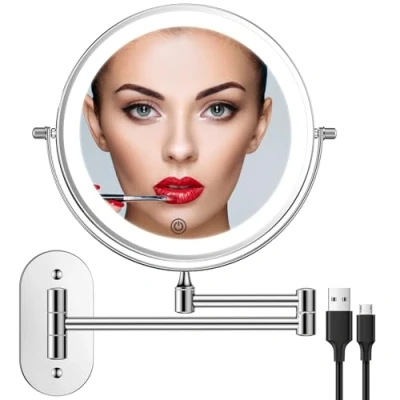 Afbeelding van FUNTOUCH oplaadbare make upspiegel met LED verlichting, 1X 10X spiegelvergroting, wandmontage, dimbare scheerspiegel 3 kleuren, touchscreen, 360 draaibaar, voor badkamers