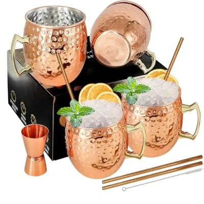 Afbeelding van Moskou Mule Mokken voor Cocktails Set van 4 Koperen Vergulde RVS Muilezel 18 oz/540 ml met Rietjes, Jigger, Lepel, Perfect Cold Drinks Gift (4 stuks)