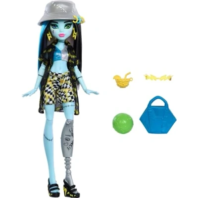 Afbeelding van Monster High Frankie Stein Scare adise Island pop met badpak, deken en strandaccessoires zoals hoed, volleybal dood