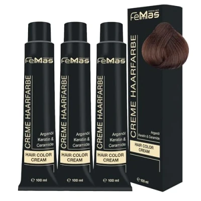 Image de FemMas Lot de 3 teinture pour cheveux, crème professionnelle, à l&#039;huile d&#039;argan, kératine, céramides, coloration permanente, résultats couleur éclatant et durable, blond foncé, doré 6.3, 100 ml.