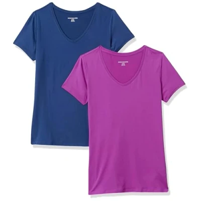 Image de Amazon Essentials T shirt Tech à manches courtes et col en V, extensible (disponible grande taille) Dames, 2 Pack, Bleu Marine/Violet Orchidée, S