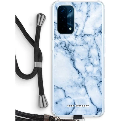 Afbeelding van Case Company® hoesje met Koord geschikt voor Oppo A74 5G Blauw marmer Telefoonhoesje Zwart Bescherming aan alle Kanten en Over de Schermrand