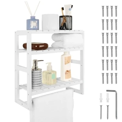 Afbeelding van Belle Vous 3 Laags Wit Zwevende Planken 42 cm Lange Decoratieve Opslag Set Rustieke Muur Gemonteerde Houten Plank met Handdoek Beugel voor Badkamer, Woonkamer, Slaapkamer en Keuken