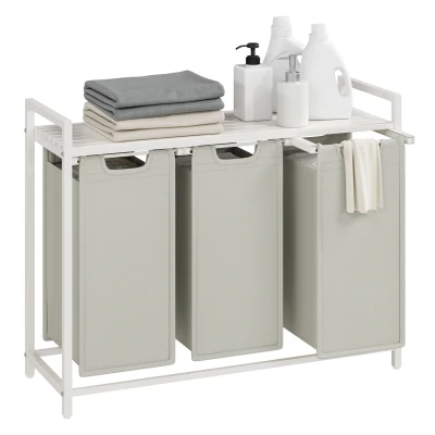Afbeelding van ACAZA Wasmand 3 Vakken Wasverzamelaar met Plank Wasbox Waszak van Oxford stof Uitneembaar metalen Frame, x 38 L 92,5 33 72 cm Wit