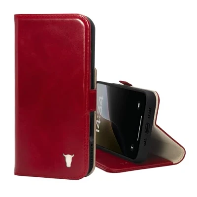 Afbeelding van TORRO Beschermhoes compatibel met iPhone 16 Pro, echt lederen portemonneehoesje standaard en kaarthouder, rood